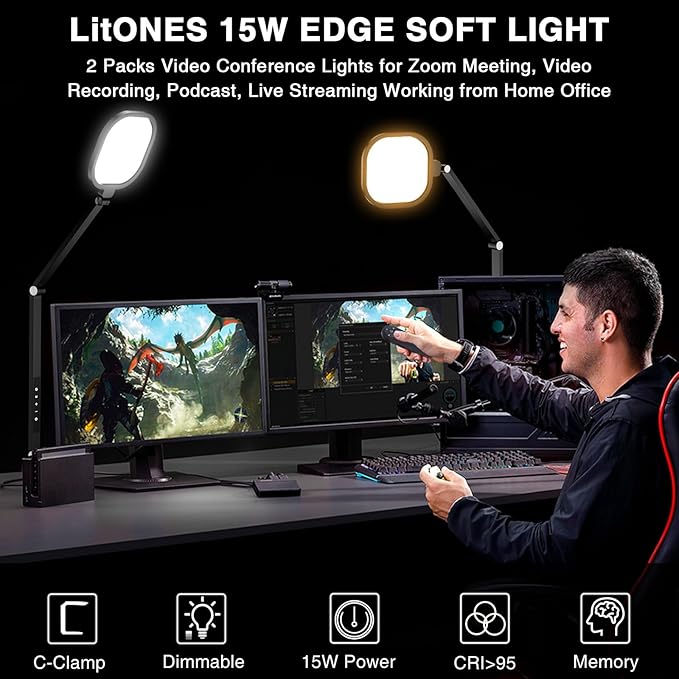2 Packs Video Conference Light for Computer, 15W LitONES Desk Light for Zoom - Image 2