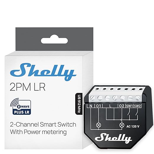 Shelly Wave 2PM US LR UL | Z-Wave Long Range Smart Switch Relay, 2-Channel 16 A by Shelly