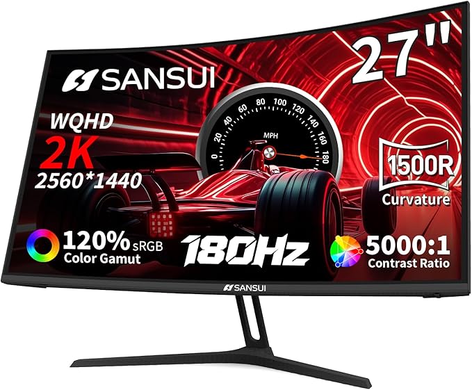 SANSUI 27 Inch WQHD 2560X1440 Curved Gaming Monitor, 180Hz MPRT 1ms Computer by SANSUI