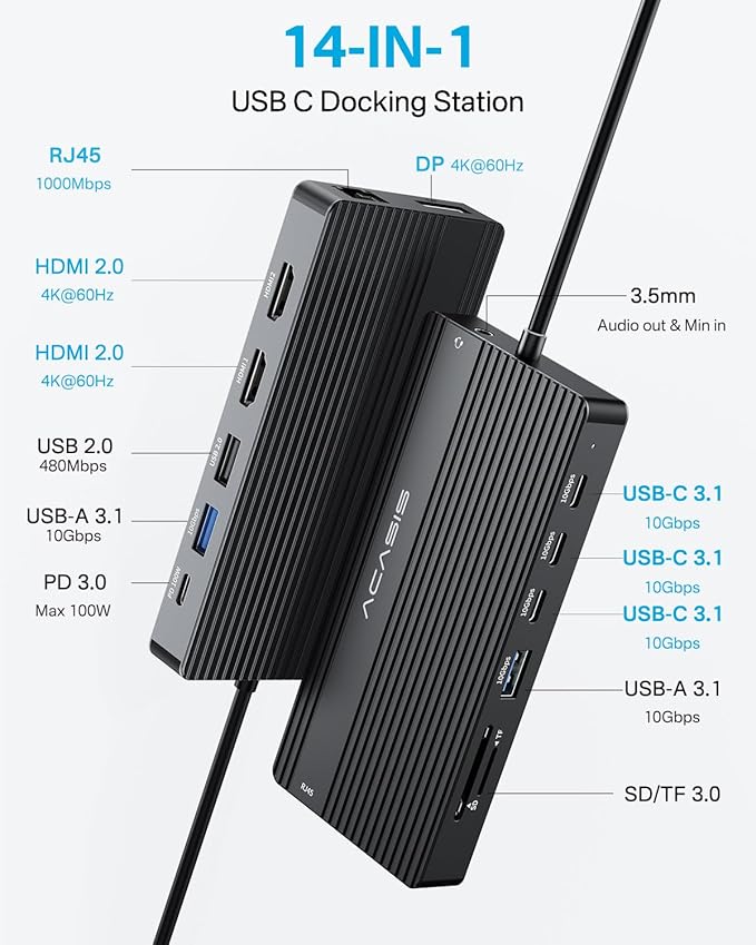 USB C Docking Station Dual Monitor, 14 in 1 USB C Hub, Adapter - Image 2