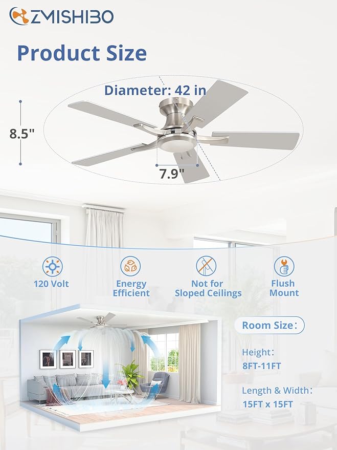 ZMISHIBO 42 Inch Ceiling Fan No Light, Flush Mount Low Profile, Modern Nickel - Image 4