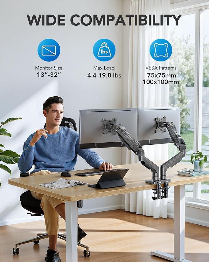 HUANUO Dual Monitor Stand, Fully Adjustable Monitor Desk Mount - Image 2