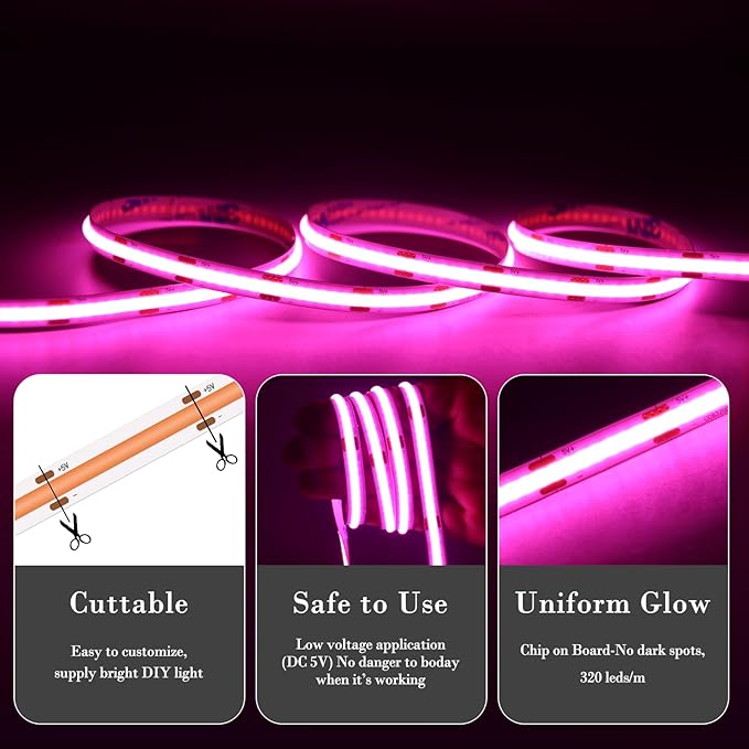 UVTaoYuan Short Led Strip Lights Pink 5V USB LED Lighting COB LED Strip Pink - Image 6