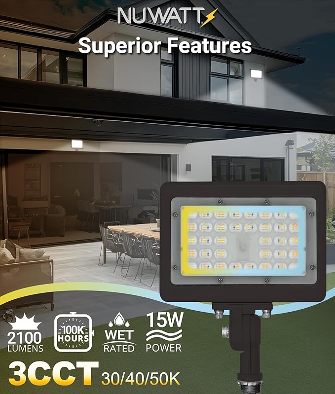 NUWATT 15W LED Flood Light, 3CCT 3000K/4000K/5000K Selectable, IP65 Waterproof - Image 4