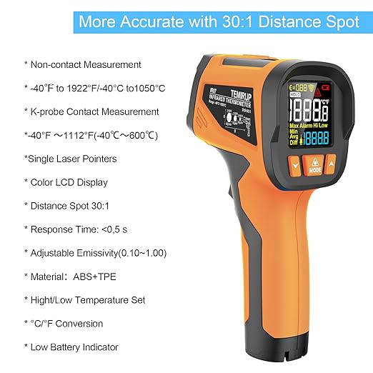 TEMIRUP Infrared Thermometer High Temperature Gun -40℉ to 1922℉, 30:1 Pyrometer - Image 3