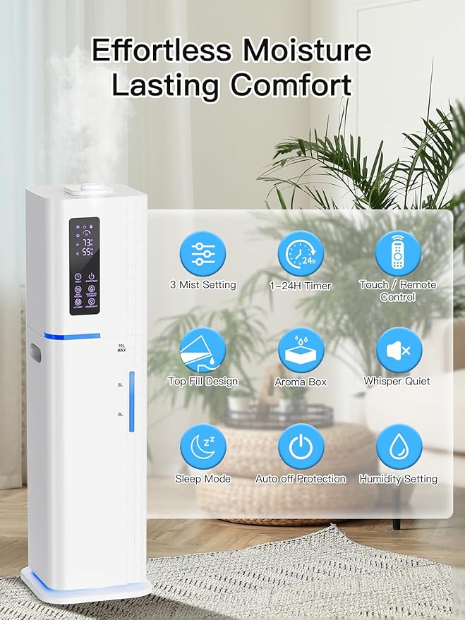 Zeova 10L/2.64Gal Humidifiers for Bedroom, Top Fill Quiet Ultrasonic Cool Mist - Image 4