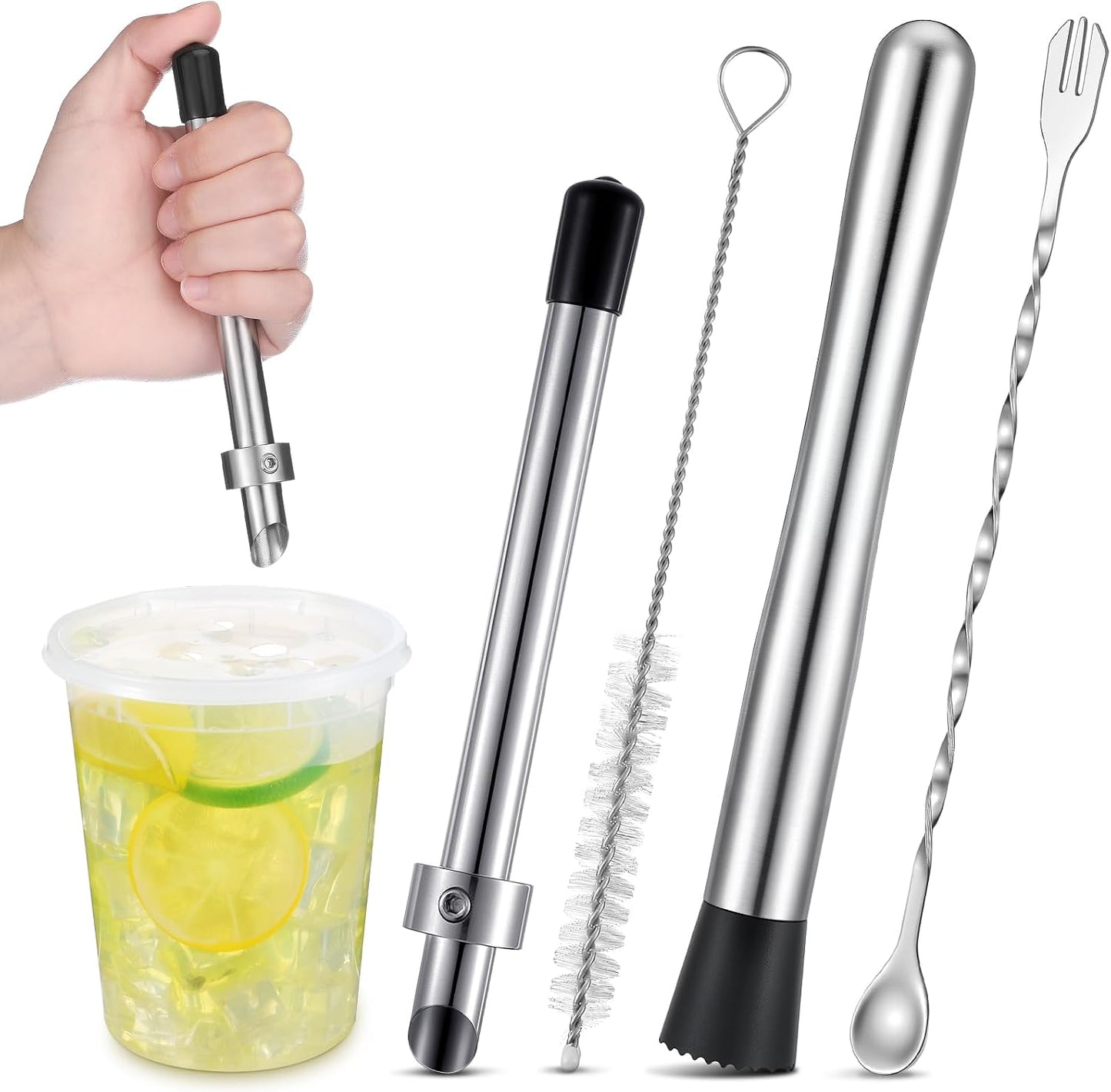 Honeydak 3 Pcs Straw Hole Puncher Muddler, Lemonade Punch Tool Set, 6.3Inch | 304 Stainless Steel Build, Perfect for Plastic Lids Boba Cups, Lemonade Stand Supplies, Stir Spoon & Cleaning Brush Included