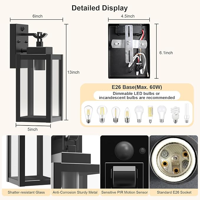 LTBLIGHT 2-Pack Motion Sensor Outdoor Wall Light Fixtures, Modern Black Dusk to - Image 6