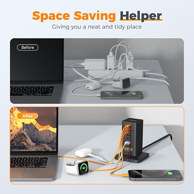 USB C Charger Blcok PD 100W, TESSAN 6-in-1 Charging Station - Image 5