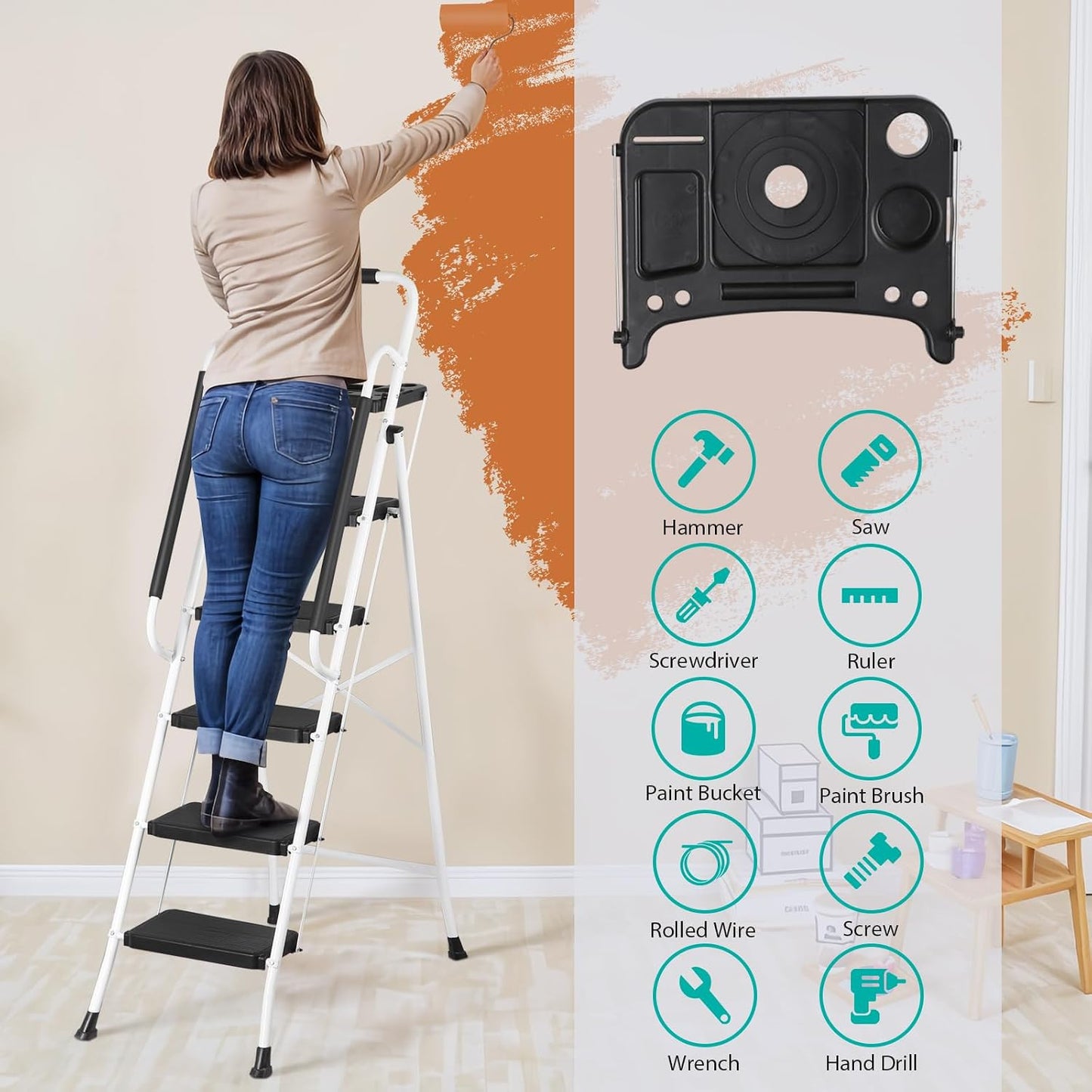 ZENY 5 Step Ladder, Step Stool Foldable with Anti-Slip Pedal & Comfortable Handrail, Sturdy Steel Ladder, Protable Heavy Duty Step Stool for Kitchen, Garage & Outdoor Use (White)