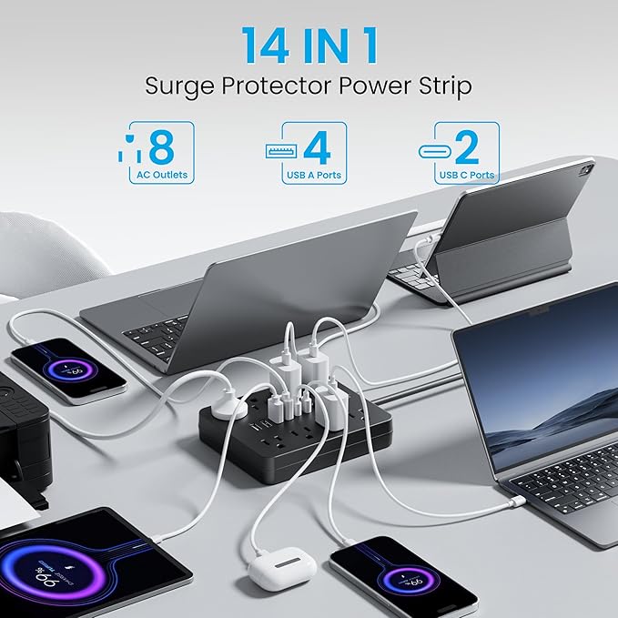 Bawmwim Surge Protector Power Strip, 8 Outlets, 6 USB Charging Ports, 6FT Flat - Image 2