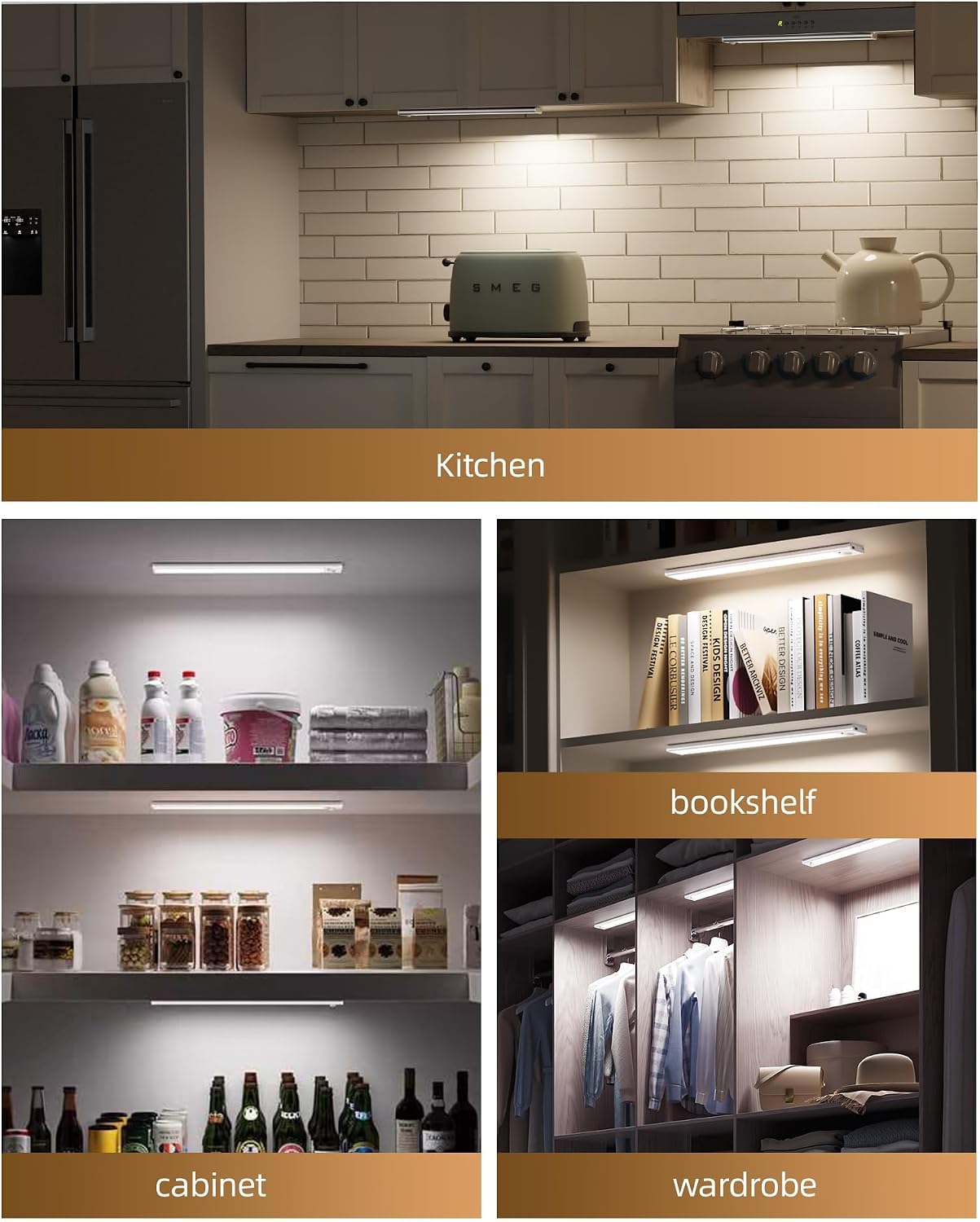 12inch Under Cabinet Lighting with Remote, 2400mAh Rechargeable Motion Sensor Light Indoor, Wireless Closet Lights, Dimmable, 3 Color Temps, Magnetic for Kitchen, Stairs (4 Pack)