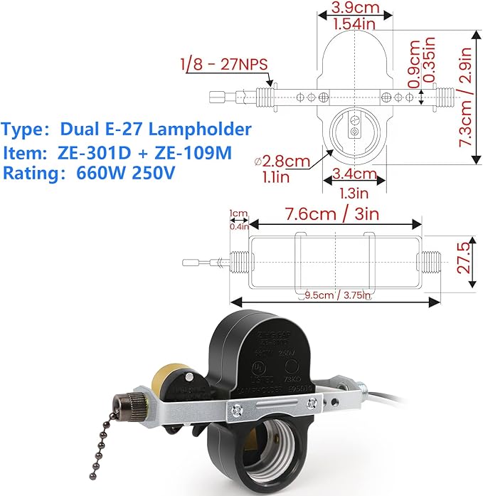 Dotlite Zing Ear ZE-310D Light Socket Pull Chain Switch, 660W Daul E27 Lamp - Image 6