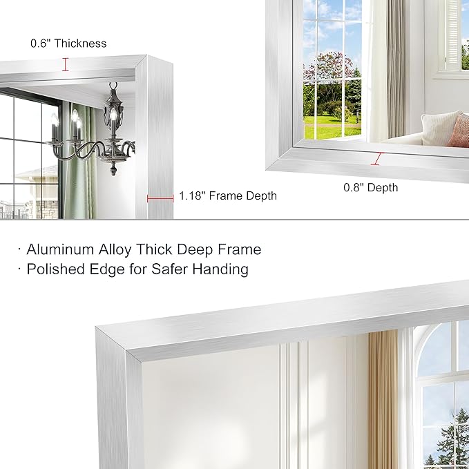 30x55 Silver Bathroom Mirror, Brushed Silver Rectangular Mirror - Image 5