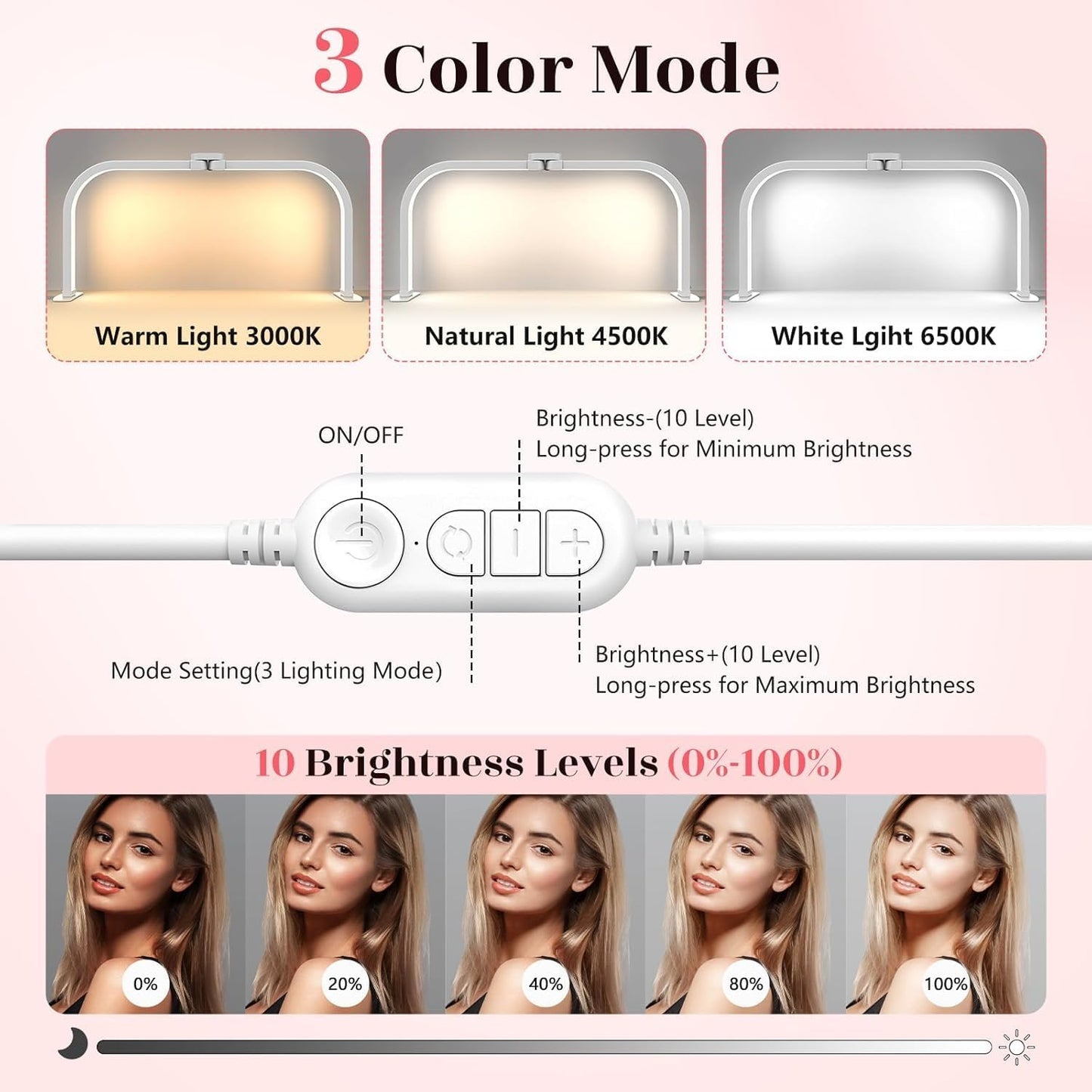 Half Moon Light for Nail Desk: 180 ° Shadow-Free Arc Light For Manicurist | 29" Foldable Half Moon Desk Lamp With Phone Holder - 3 Color Mode & 10 Brightness - Provide a Bright Work Area For Nail Tech