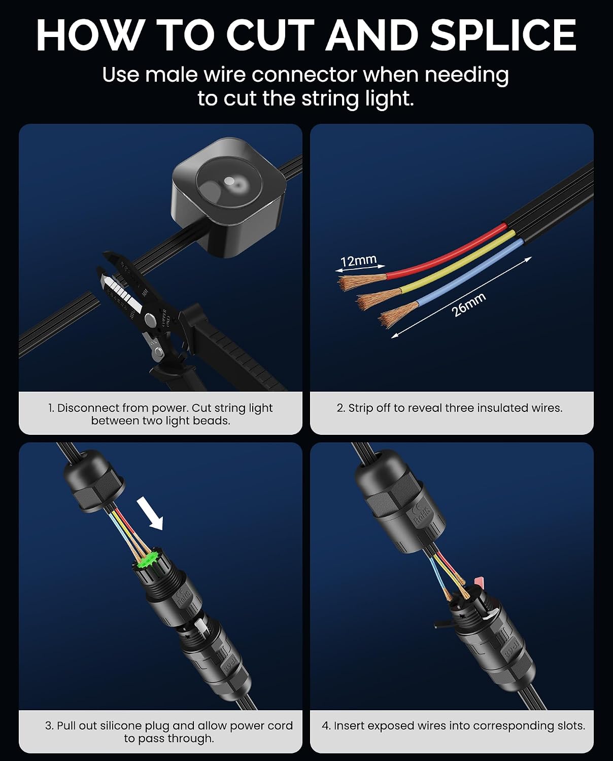 Wire Connector (2 Pack) Input & Output for Govee Cuttable Outdoor Lights | Compatible with Govee H706A, H706B, H706C, H703A, H703B, Waterproof Extension Cable Splice Connector, Male and Female Set
