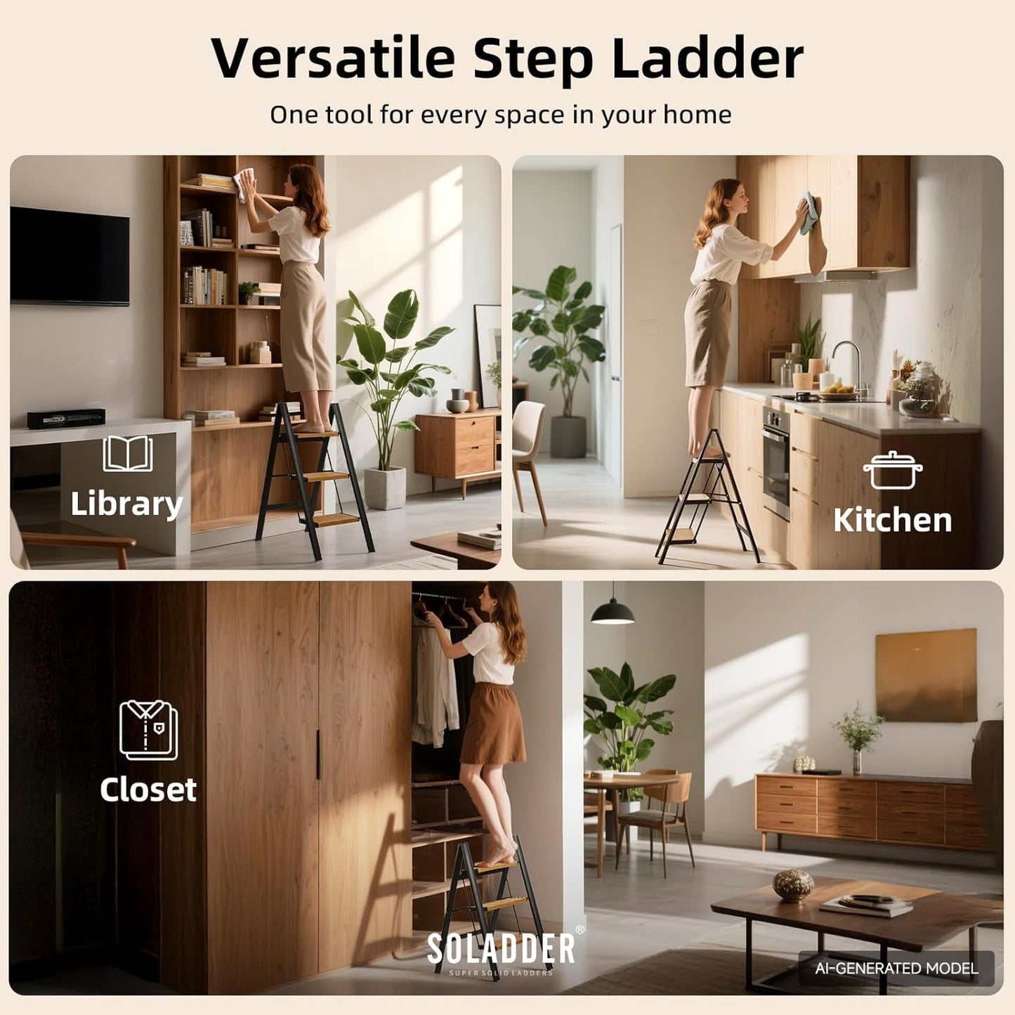 3 Step Ladder, Folding Step Stool, Black & Woodgrain | Wide Anti-Slip Steps and a Foldable, Space-Saving Design for Adults to Use in Kitchens, Closets, Library,300 lbs