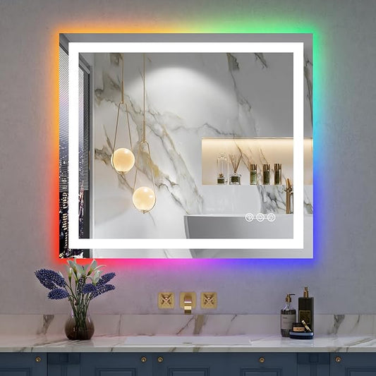 YEELAIT 32x36 Inch RGB LED Bathroom Mirror Front Light and RGB Backlit Lighted by YEELAIT
