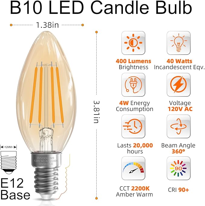 GvvooHome LED Candelabra Light Bulbs, 40 watt Equivalent Chandelier Bulbs - Image 2