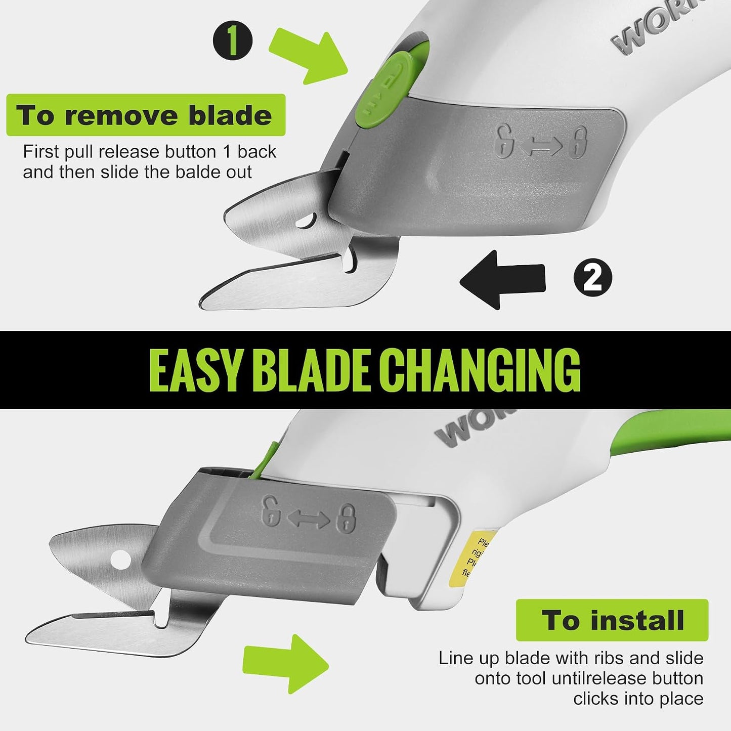 WORKPRO Cordless Electric Scissors with 2 Blades, Rechargeable Power Shears | Fabric Cutting, Leather, Carpet, Cardboard, Ergonomic Grip, Portable Design, Sewing, Scrapbooking, Craft Projects