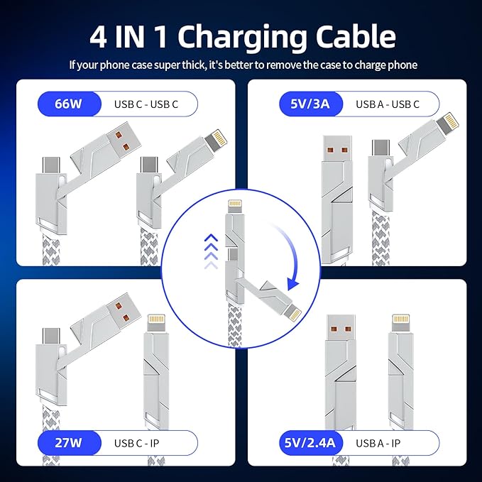66W 4 in 1 Charging Cable, Fast Multi Charging Cable 5FT, USB C Cable Fast - Image 2