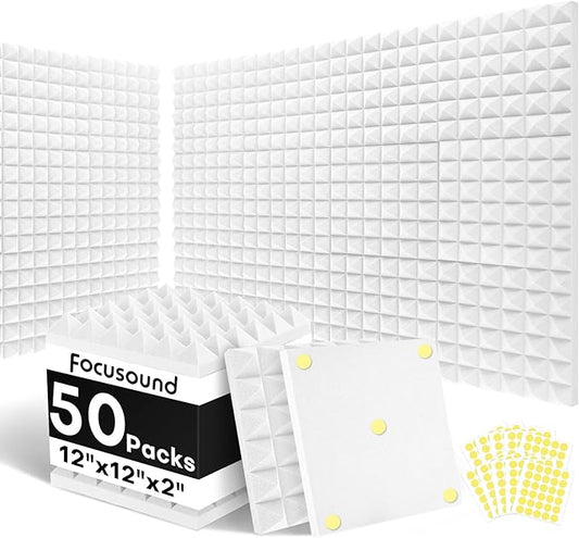 Focusound White Acoustic Panels 50 Pack 2"x12"x12" by Focusound
