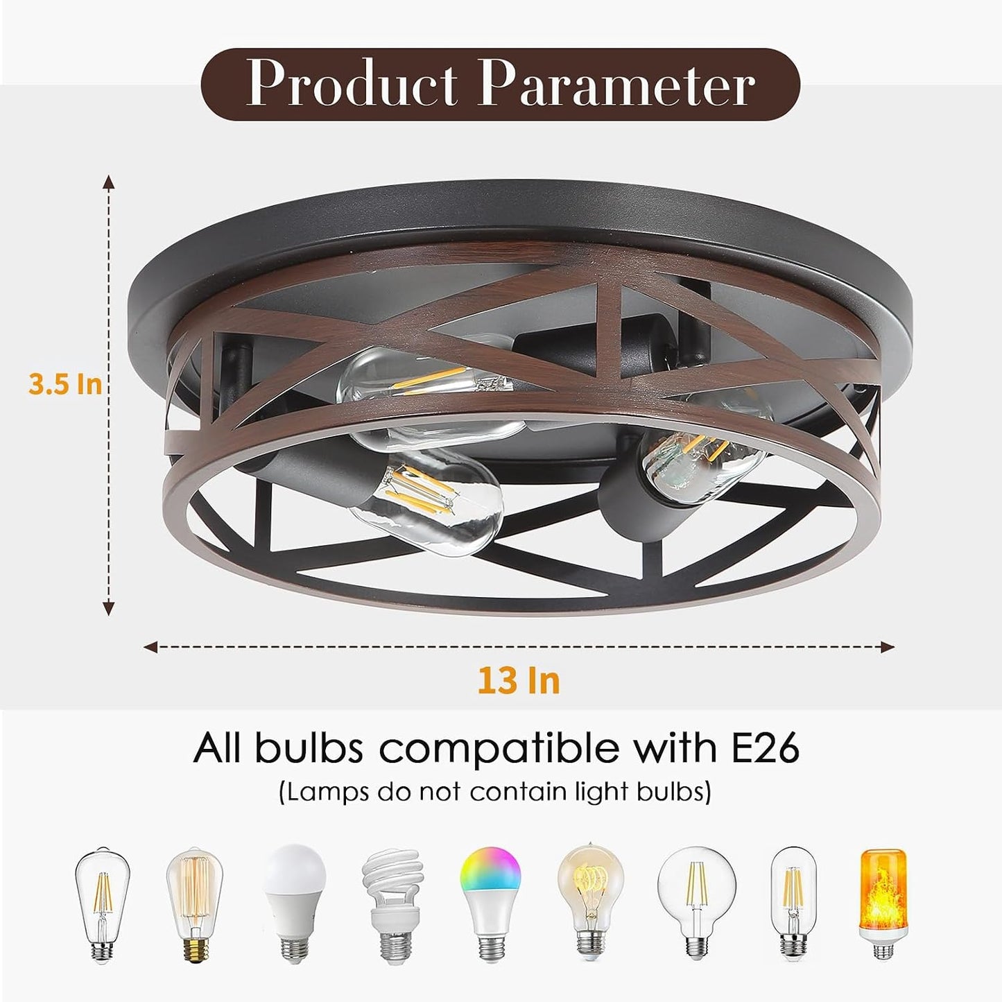 13 Inch Farmhouse Close to Ceiling Lights, Wood Finish Metal Cage Flush Mount Ceiling Light 3-Lights, Black Industrial Semi Flush Mount Ceiling Light for House Hallway Kitchen Bedroom