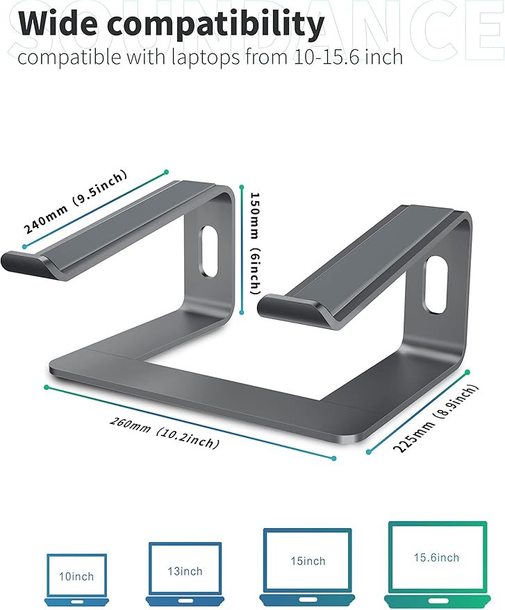 SOUNDANCE Laptop Stand, Aluminum Computer Riser, Ergonomic Laptops Elevator - Image 2