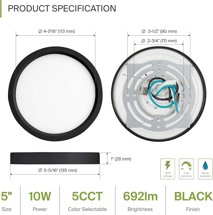 ASD LED 5" Round Flush Mount Ceiling Light Fixture, Low Profile Surface - Image 2