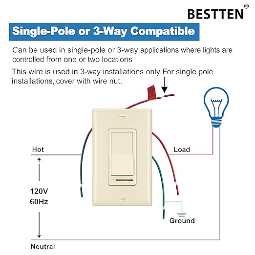 BESTTEN 2 Pack Almond Dimmer Wall Light Switch, Compatible - Image 6