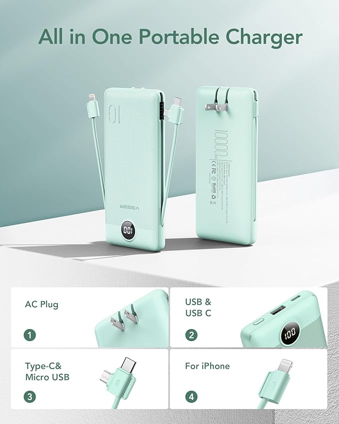 VEGER Portable Charger with Built-in AC Plug and Cables, All in One 10000mAh - Image 2