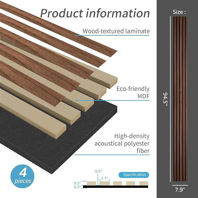 Art3d 4-Pack 94.5 x 7.9 inch Acoustic Wood Slat Wall Panels - Image 5