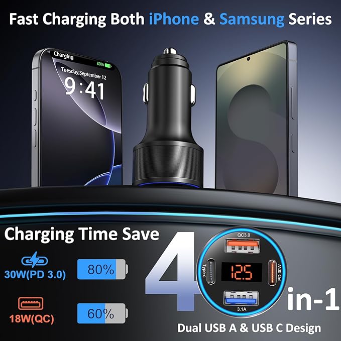 USB C Car Charger, 4-Port 65W Dual 12V USB-A & USB-C Car Phone Charger - Image 2