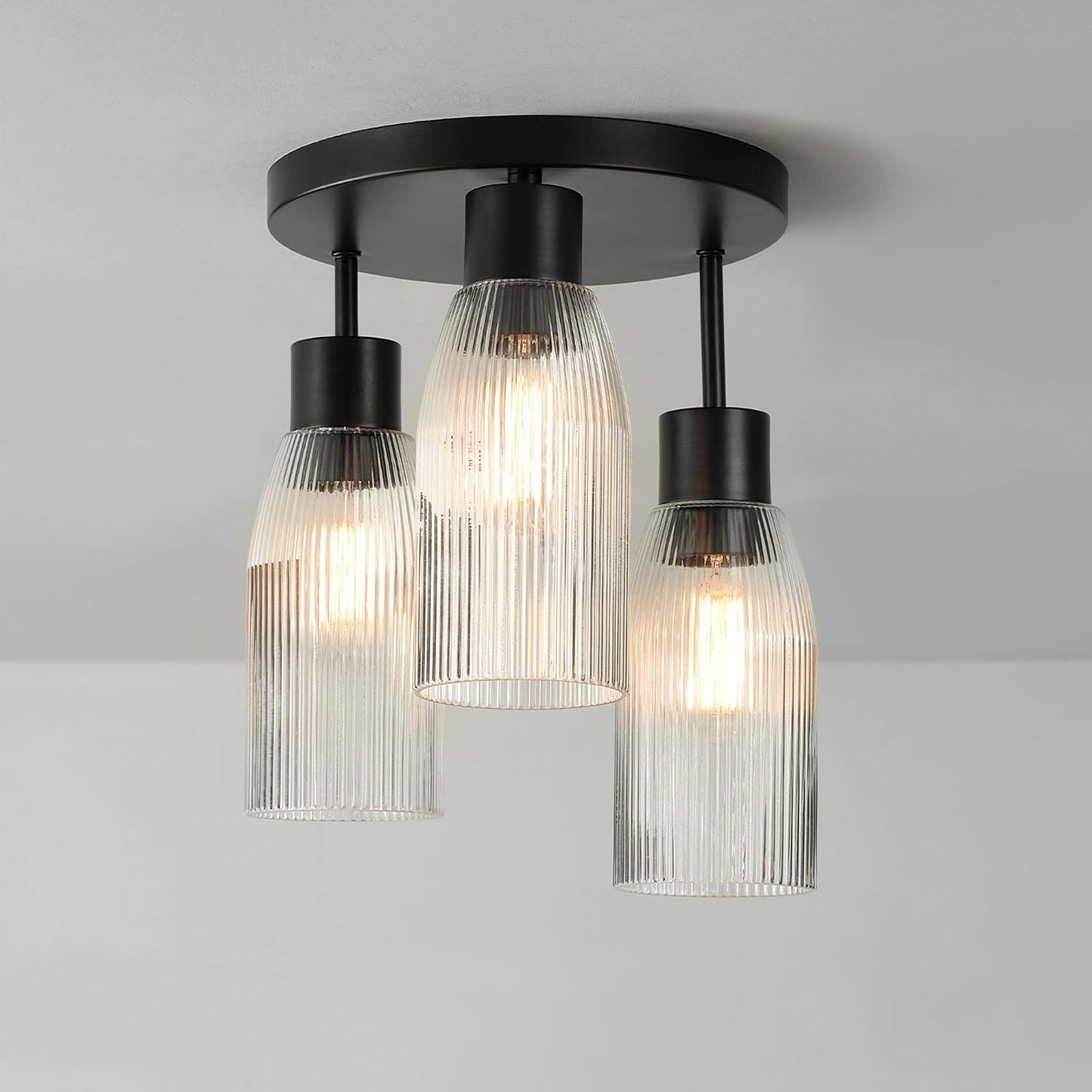 Globe Electric 66000133 3-Light Flush Mount Ceiling Light, Matte Black, Clear Ribbed Glass, Home Improvement, Dining/Kitchen