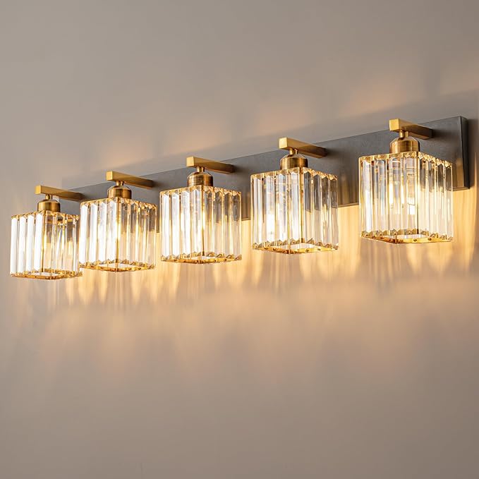 FDPBY Modern Bathroom Vanity Light 5-Lights Black Gold Crystal Bathroom Wall by FDPBY