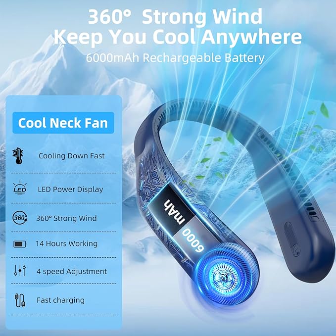 Portable Neck Fan, Hands Free Personal Wearable Bladeless Fan, 6000mAh USB - Image 8