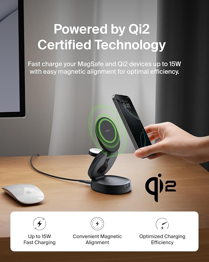 Belkin MagSafe Charger Compatible, 3-in-1 Qi2 15W Wireless Charging Station - Image 4