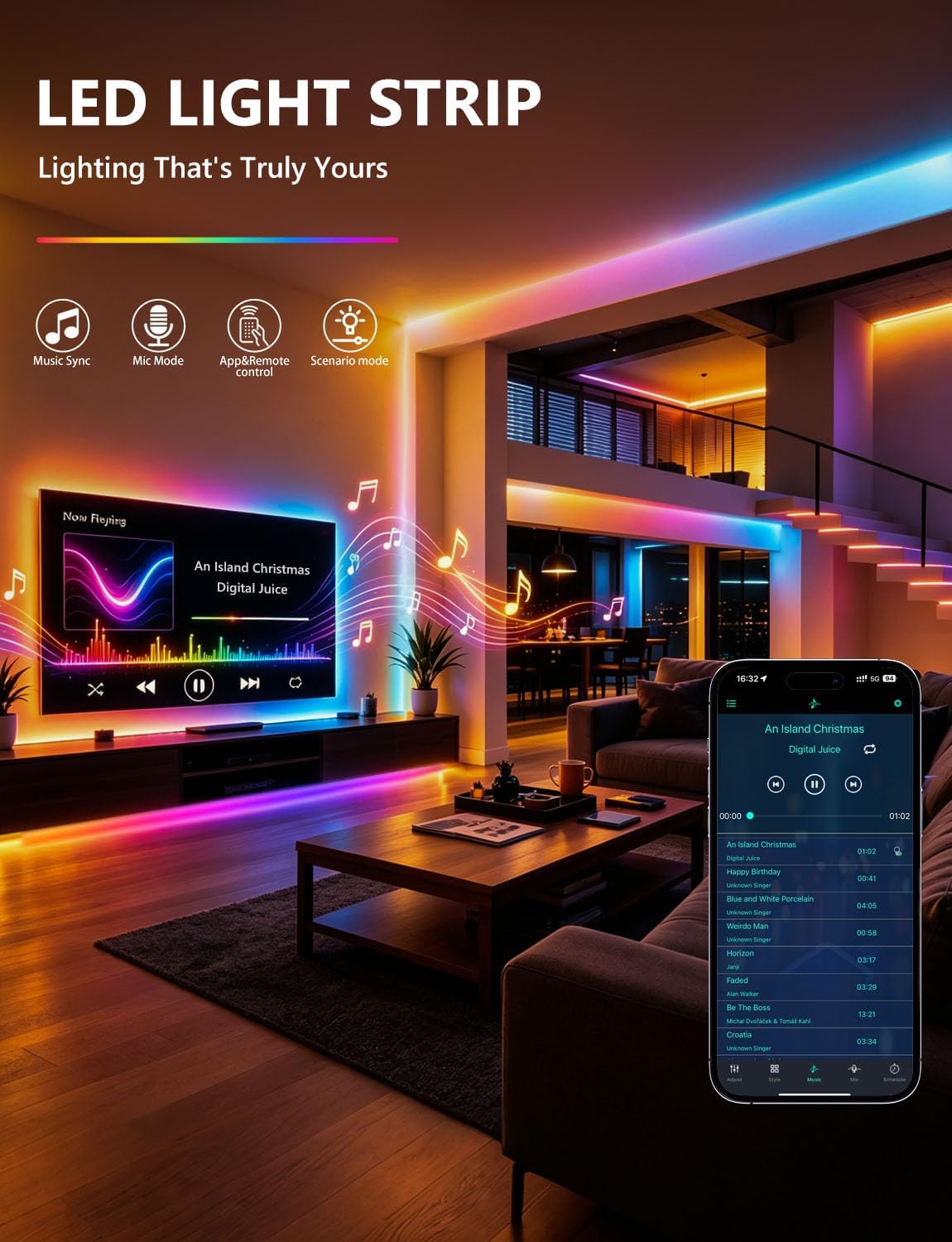 MFWW 100ft RGB+IC LED Strip Lights, LED Lights for Bedroom, Smart Control