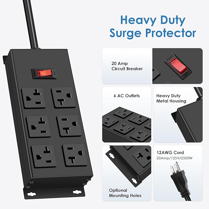 JUNNUJ Heavy Duty 20 Amp Power Strip, Garage 6 Outlets Metal 12 Gauge Surge - Image 6
