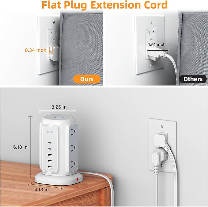 BESFAN Power Strip Tower, 1625W Surge Protector - Image 3