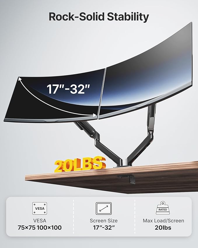monTEK Dual Monitor Stand for Desk, 17-32 Inch Mechanical Spring Dual Arm - Image 4
