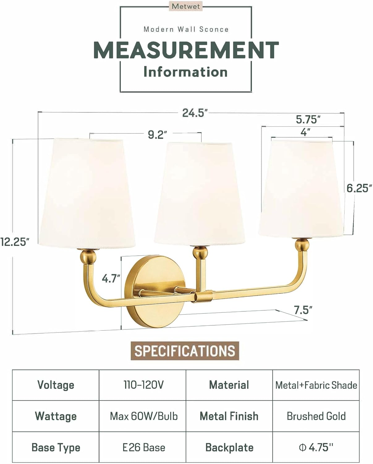 3-Light Brushed Gold Bathroom Vanity Light, White Fabric Shades | 24.5" bathroom light fixtures over mirror, upward only, E26 base, bulbs not included, VL837-BG-3