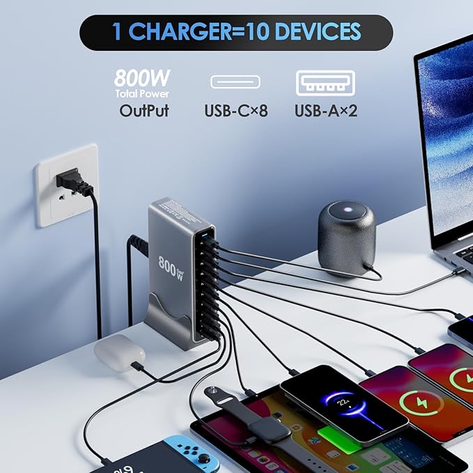 800W USB C Charger Block, 10 Port Charging Station, GaN Ⅲ Charging Station - Image 2