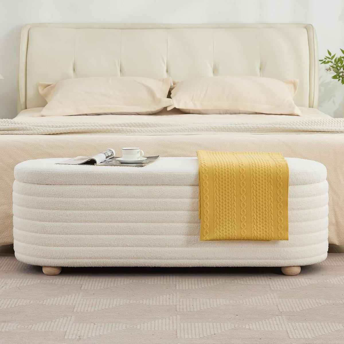 53" modern storage ottoman bench, white sherpa, main product view