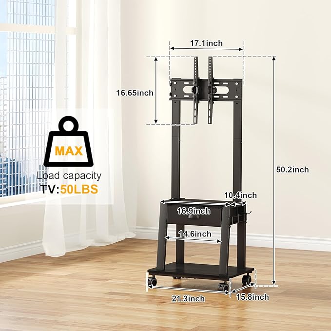 Mobile TV Stand with Drawer for 23-60 Inch Flat/Curved Screen, Tilt Rolling TV - Image 7