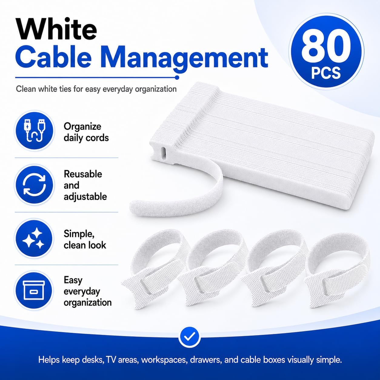 80pcs 8 Inch Cable Ties Reusable White Hook and Loop Cord Ties for Cable Management Adjustable Cord Organizer Straps for Electronics