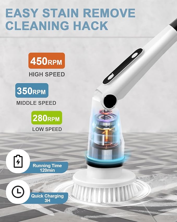 IEZFIX Electric Spin Scrubber, Bathroom Power Shower Scrubber Cleaning Brush - Image 3