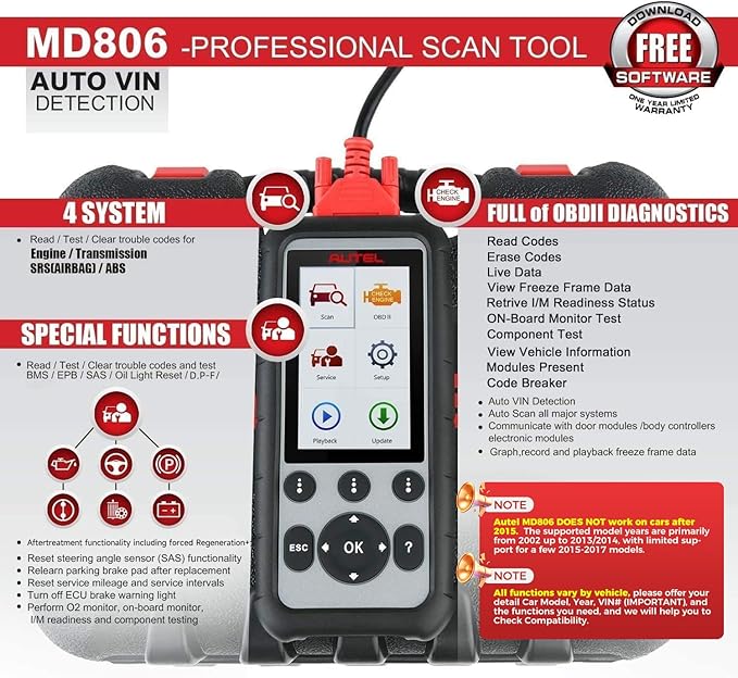 Autel MaxiDiag MD806 OBD2 Scanner, ABS SRS Engine Transmission 4 Systems - Image 2