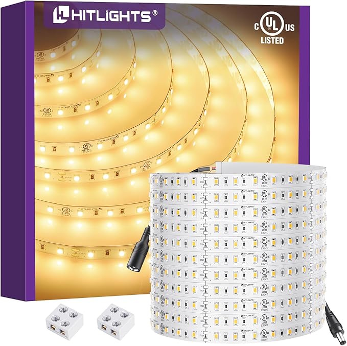 HitLights 24V LED Strip Lights Warm White 3000K, 26.2ft Cuttable Tape Backed by HitLights