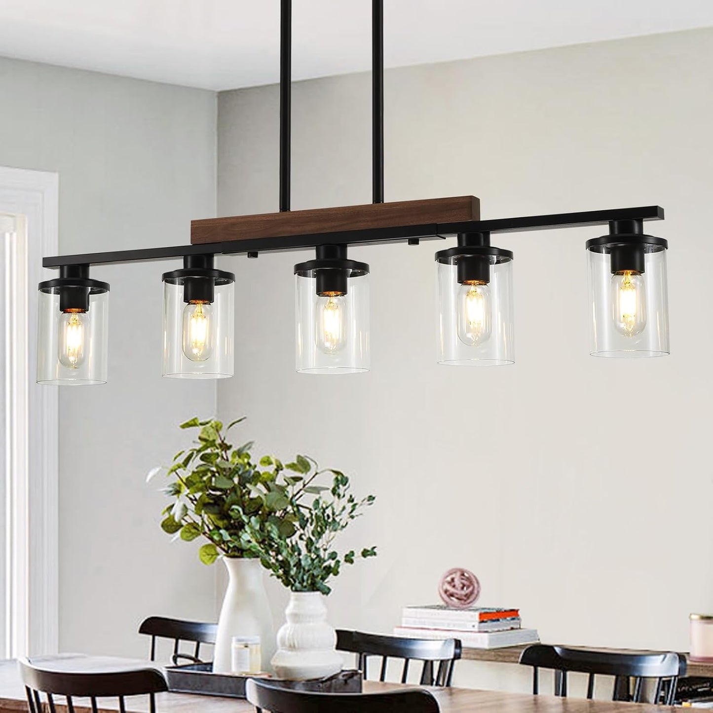 36.2‘’ Kitchen Lighting, 5-Light Dining Room Light Fixture Chandelier Over Table, Black Modern Rustic Wood Ceiling Pendant Light Fixtures, with Clear Glass Shade, Farmhouse Chandelier | 5‑Light Matte Black Pendant Lights,Wood Rustic Linear Kitchen Island